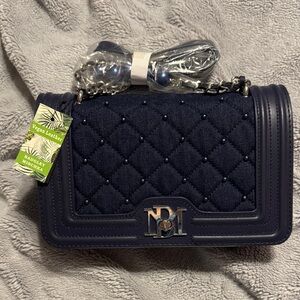Badgley Mischka Denim Diamond Quilted Crossbody with Breaded Chain Strap